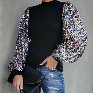 Sequin Long Sleeve Mock Neck Pullover Sweater